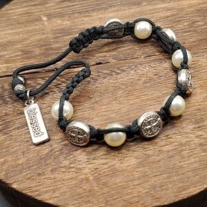 B1922 blessed my saints sterling‎ silver bracelet paracord braided pearl